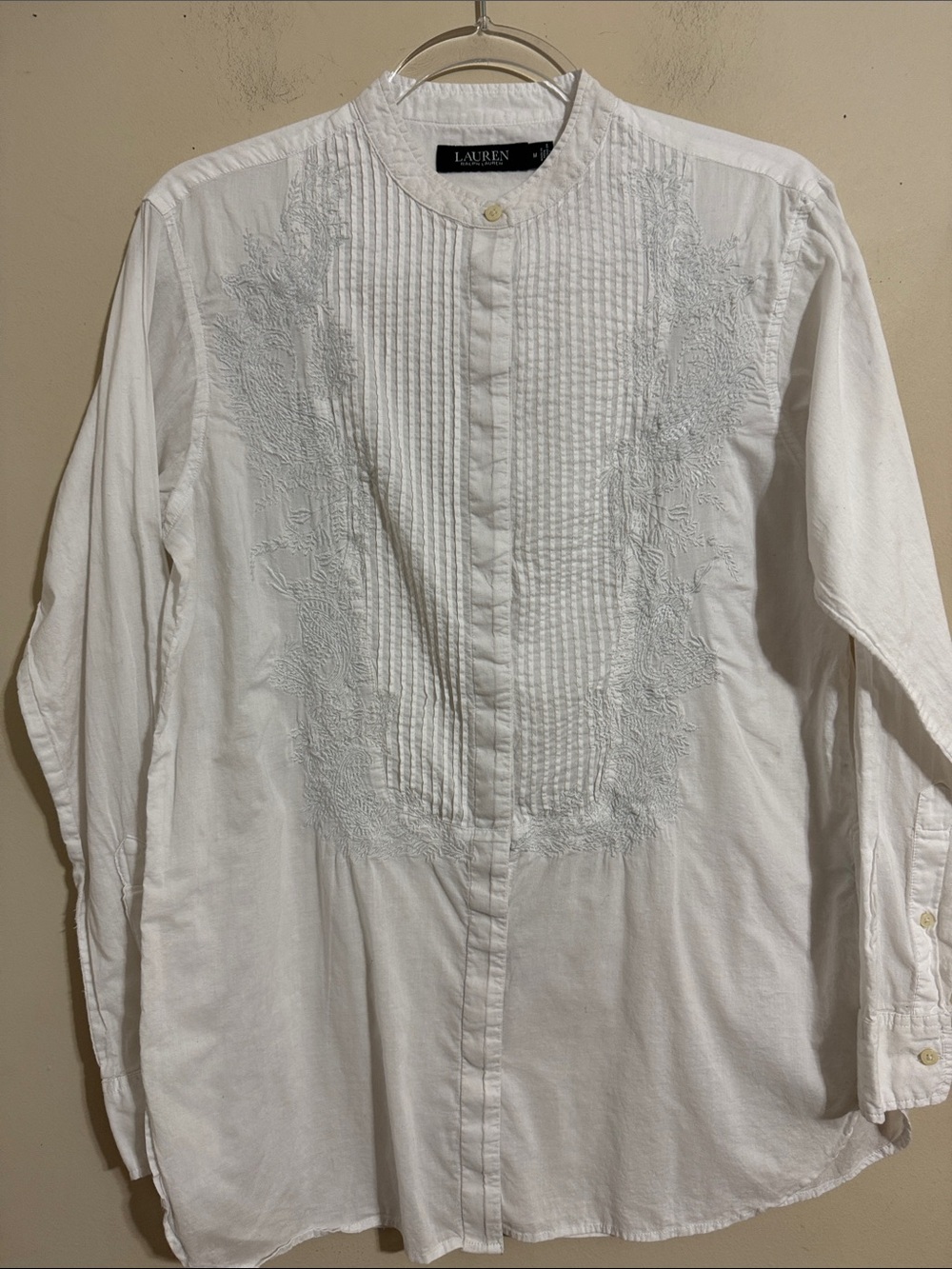 Lauren Ralph Lauren Floral Embroidered Tuxedo Shirt White Women Size M Timeless